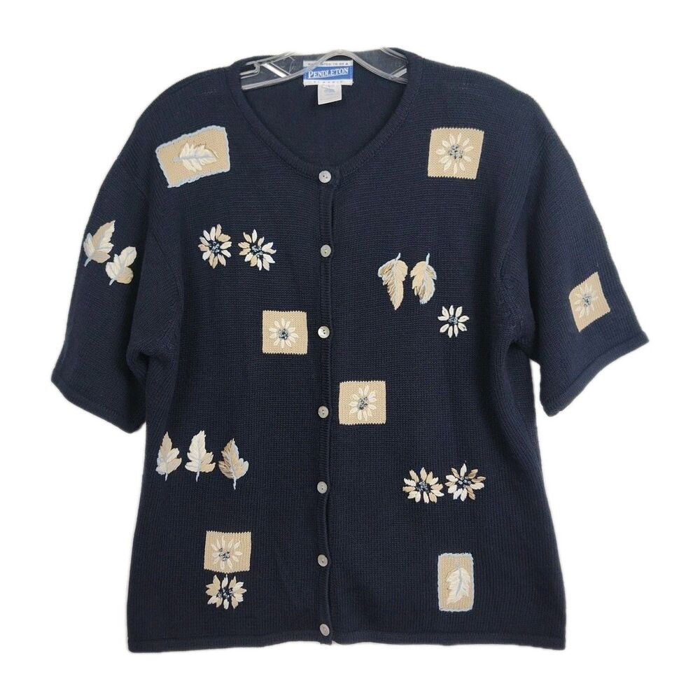 Pendleton Button-up Embroidered Women's Cardigan, L, Navy Blue, Short Sleeves